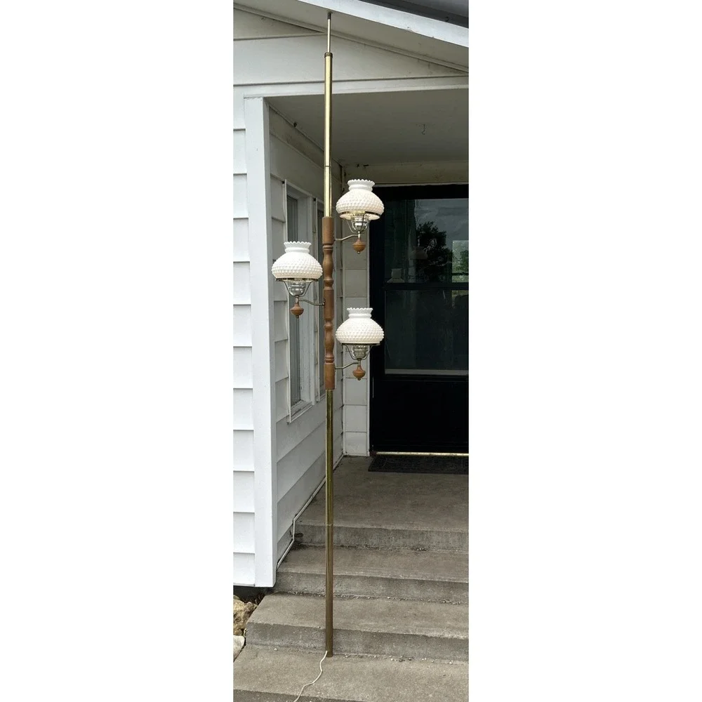 Vintage Tension Rod Pole 3 Way Lamp Milk Glass Hobnail Shades Brass Tone Pole